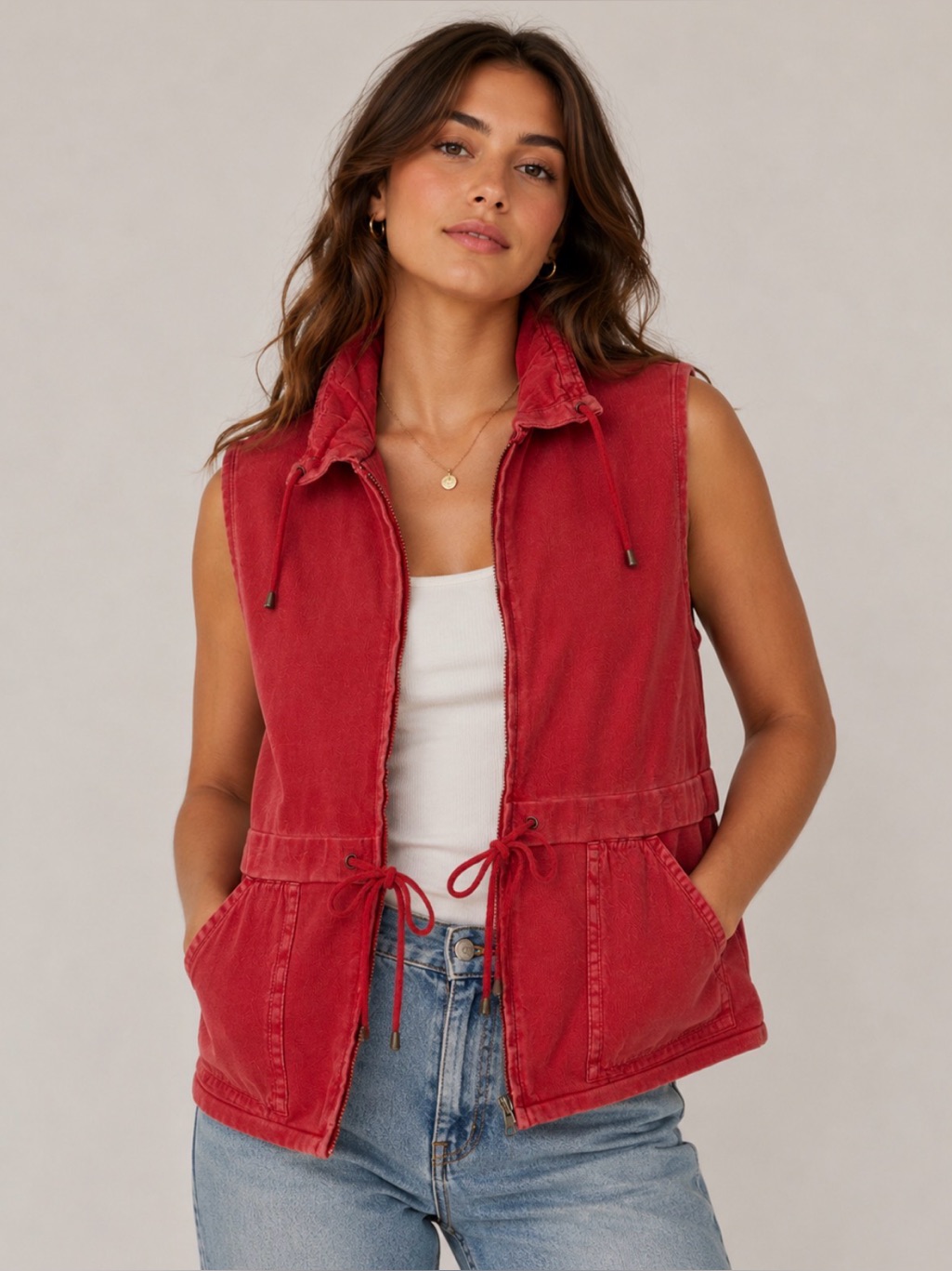 Pbj Draw String Cherry Red Women's Vest Cotton Zip Front Size L